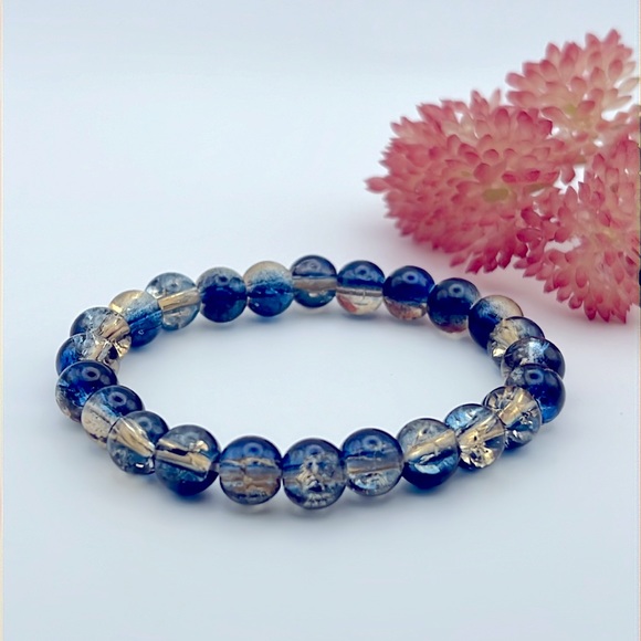 Earth Art hand crafted artisan Jewelry - BOHO STYLE GRADIENT GLASS BEADS BRACELET STRETCHABLE DARK BLUE YELLOW